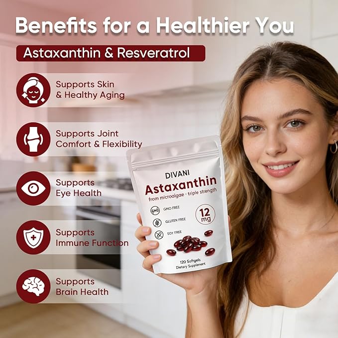 DIVANI Astaxanthin 12mg Antioxidant Supplement for Daily Wellness Immune Eye &amp Skin Support Non-GMO Gluten Free - 120 Softgels