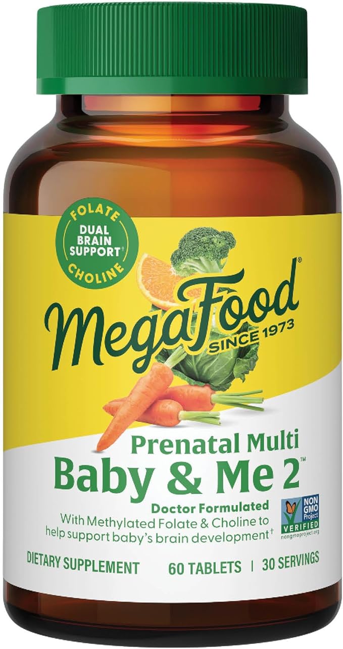 MegaFood Baby &amp Me 2 Prenatal Vitamin and Minerals - Vitamins for Women - with Folate (Folic Acid Natural Form) Choline Iron Iodine and Vitamin C Vitamin D and more - 60 Tabs (30 Servings)