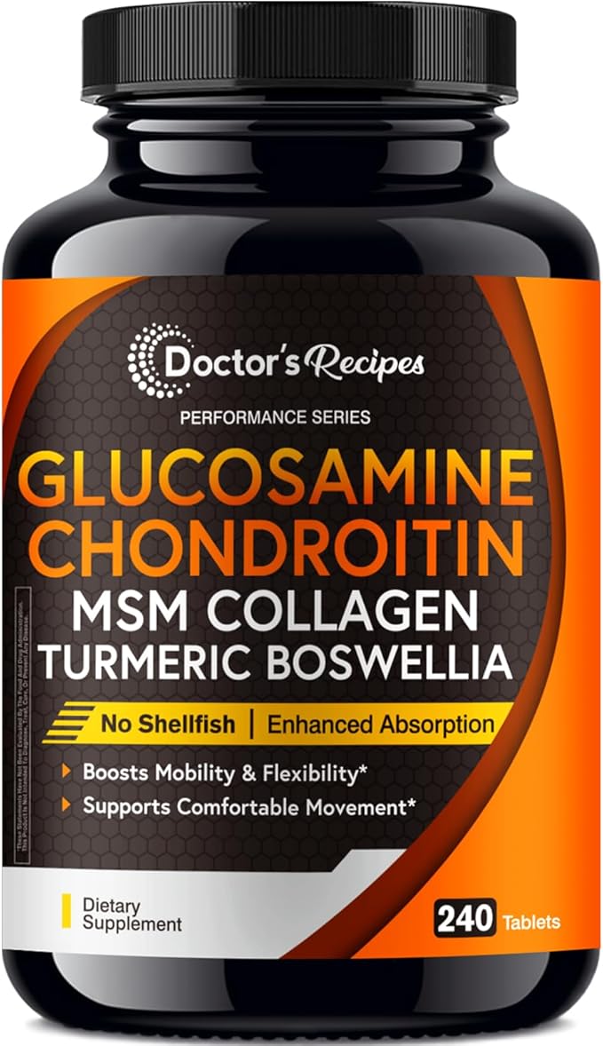 Doctor's Recipes Glucosamine Chondroitin MSM Turmeric Quercetin Movement Support Supplement for Men &amp Women with Black Pepper for High Absorption Mobility &amp Flexibility No Shellfish 240 T