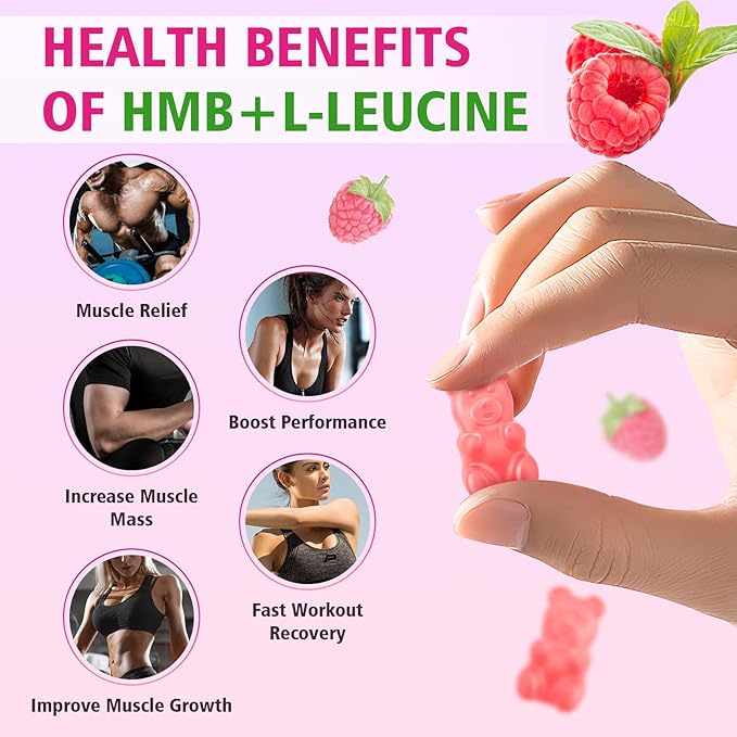 MEENCCD 2 Pack HMB and L-Leucine Gummies HMB and Leucine Amino Acid for Muscle Growth Muscle Maintenance and Muscle Function for Men &amp Women Sugar-Free Raspberry Flavor 120 Count