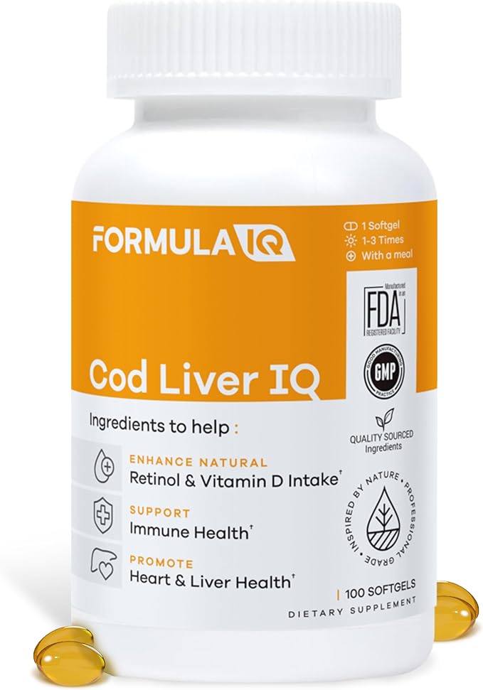 Formula IQ - Cod Liver IQ - Cod Liver Oil Softgels - Natural Source of Vitamins A &amp D and Omega-3 Fatty Acids - Heart Liver &amp Immune Health - 100 Softgels