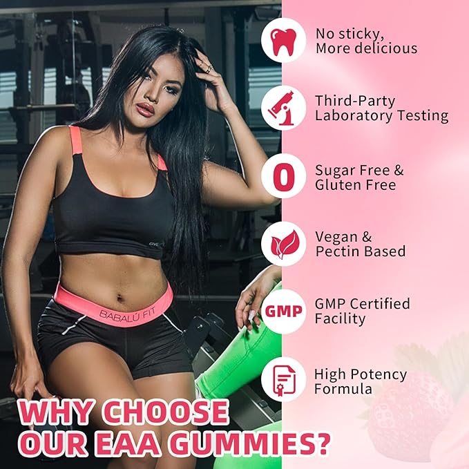 Pack of 2 EAA Gummies Essential Amino Acids - All 9 Essential Aminos (EAA) and All Branched-Chain Aminos (BCAAs) for Muscle Recovery Energy Support Strawberry Flavor 120 Count