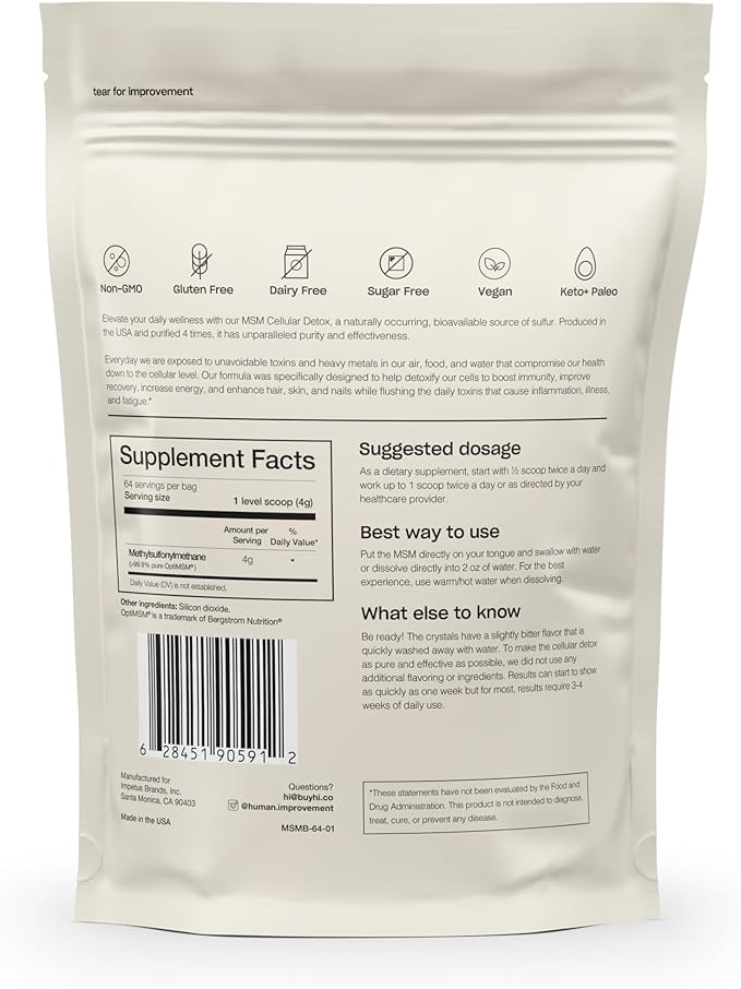 Pure MSM Powder | Organic Sulfur Powder for Skin Hair and Nails | Cellular Detox Joint Health Immune Boost &amp Increased Energy | 99.9% Pure MSM Supplement | Made in the USA 0g Sugar (64 Servi