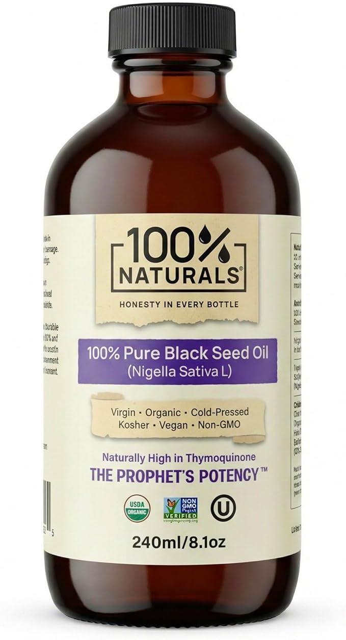 100% Naturals Pure Virgin Organic Black Seed Oil (8oz Glass Premium Bottle) - Cold-Pressed Nigella Sativa Oil with Natural Antioxidants High in Thymoquinone Chemical-Free Kosher Non-GMO