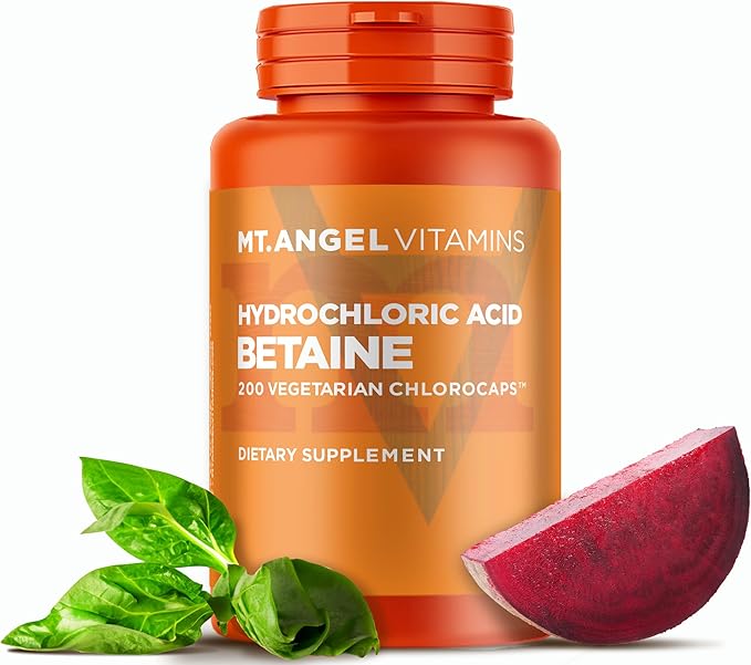 Mt. Angel Vitamins - Hydrochloric Acid Betaine Supports Healthy Digestion &amp Gastric Juices (200 Vegetarian Chlorocaps)