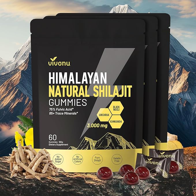 Shilajit Gummies with Ashwagandha &amp Gokshura | 85+ Trace Minerals &amp Fulvic Acid | Organic Non-GMO Micronutrient Supplement for Men &amp Women | 100% Pure &amp Natural(3000mg / 3 Bag)