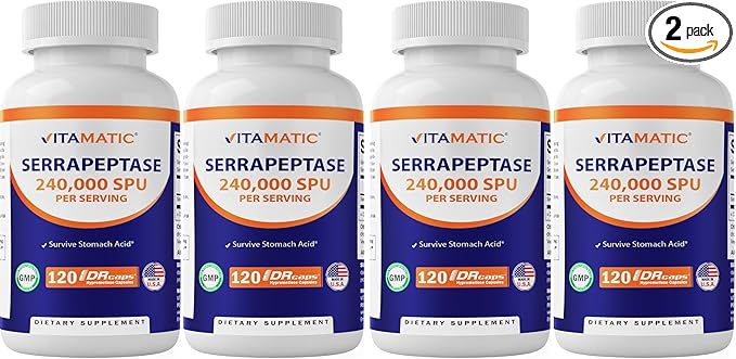 Vitamatic Serrapeptase 240000 SPU Servings 120 Delayed Released Capsules - Enteric Coated - Non-GMO- Made in The USA (120 Count (Pack of 4))