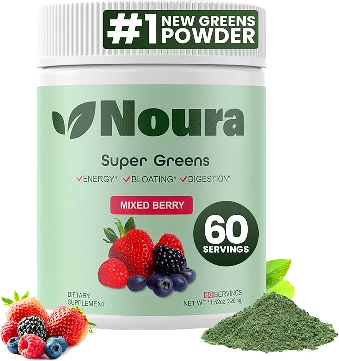 Super Greens Powder 60 Servings - Immunity Digestive Enzymes &amp Probiotics for Energy Gut Health Bloating Relief for Women - Greens Superfood Powder - Mixed Berry