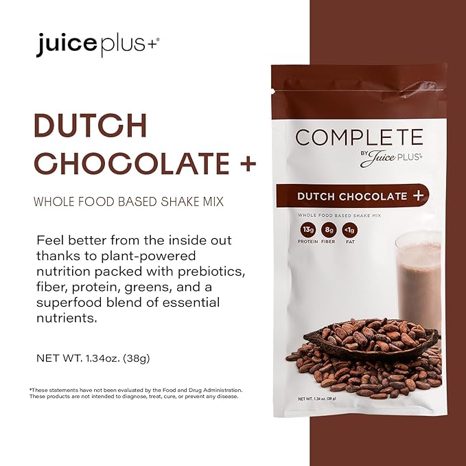 Complete by JuicePlus+ Single Serve Dutch Chocolate Shakes - Plant-Based Nutrition - Vegan Gluten-Free Non-GMO Kosher Whole Food Based Shake Powder with Protein Fiber &amp Prebiotics - 15 Servin