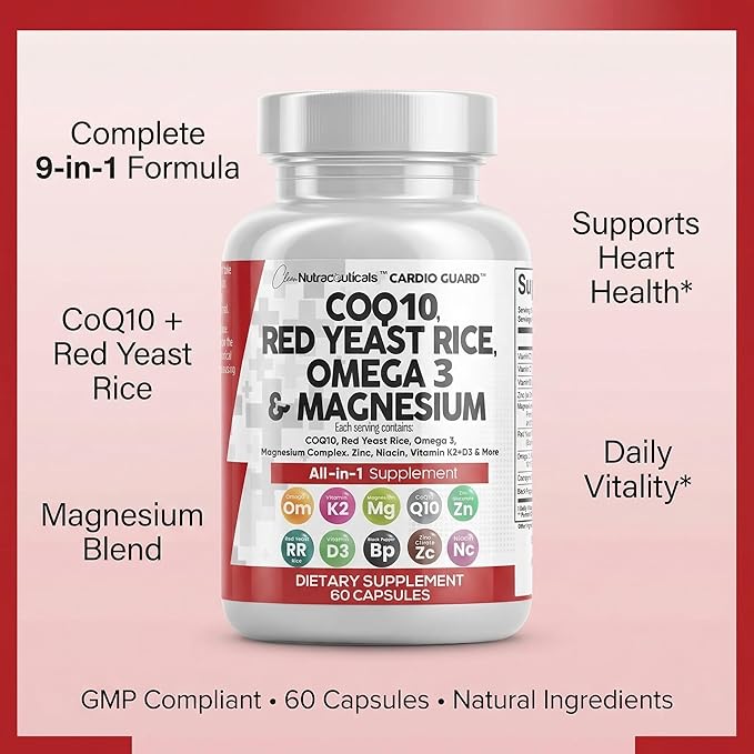 Clean Nutraceuticals COQ10 200mg Red Yeast Rice Omega 3 Magnesium Complex 500mg Niacin Zinc Vitamin K2 D3 - Heart Support Vitamins for Women &amp Men w/Vitamin B3 Coenzyme Q10-60 Ct