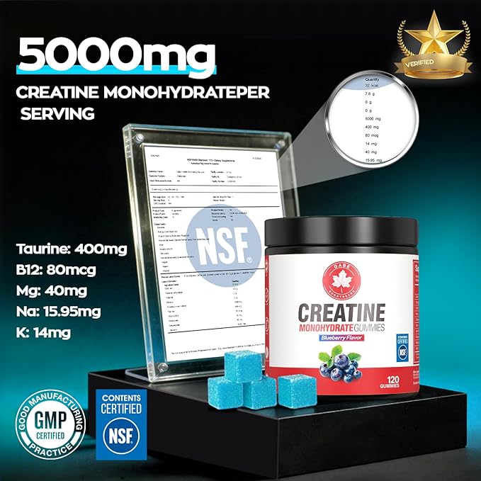 Creatine Gummies NSF Certified 5g Creatine Monohydrate per Serving with Taurine &amp B12 Blueberry Flavor 120 Count for Men &amp Women