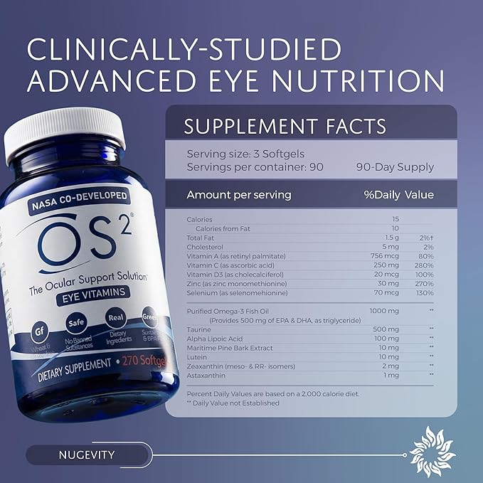 OS2 Ocular Support Solution - Patented Eye Vitamins for Macular Health Dry Eye and Blue Light - Lutein Zeaxanthin Omega 3 Astaxanthin and AREDS2 Supplements Co-Developed by NASA 270 ct