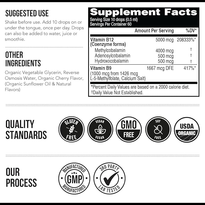 Organic Vitamin B12 - 5000 mcg 3 BioActive Forms B12: Methyl B12 Adenosyl B12 &amp Hydroxy B12 - Plus L-Methylfolate Cofactor | Sublingual Form Cherry Flavor Vegan Non-GMO (120 Servings - 2 Pack