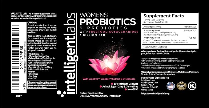 Intelligent Labs Women's Probiotics Formula with Cranberry Extract D-Mannose and Prebiotics All in one 6 Billion CFU Probiotic One Capsule a Day 60-Day Supply Third-Party Verified for Purity
