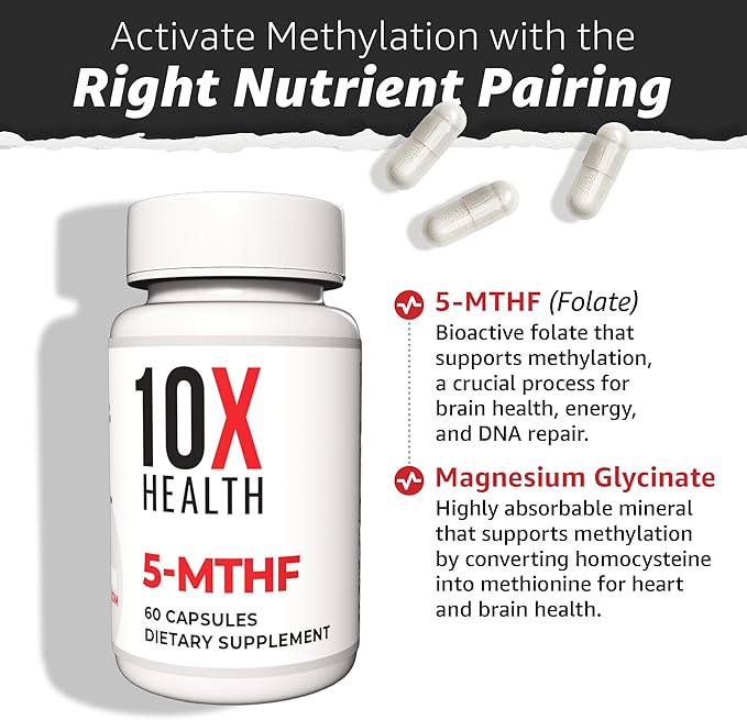 10X Health 5-MTHF Methylfolate - Methylated Folate &amp Magnesium for Brain Heart Health DNA &amp Neurotransmitter Synthesis - Bioavailable Methyl Folate Supplement - Methylfolate Supplement 60 Ca