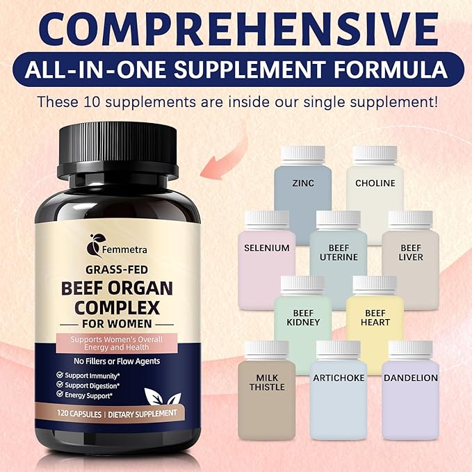 Female-Optimized Beef Organ Complex Superfood Supplement Beef Liver Kidney Heart Uterus &amp 6 More Balance Hormones Energy &amp Women's Overall Wellness with Milk Thistle Zinc Grass-Fed 6