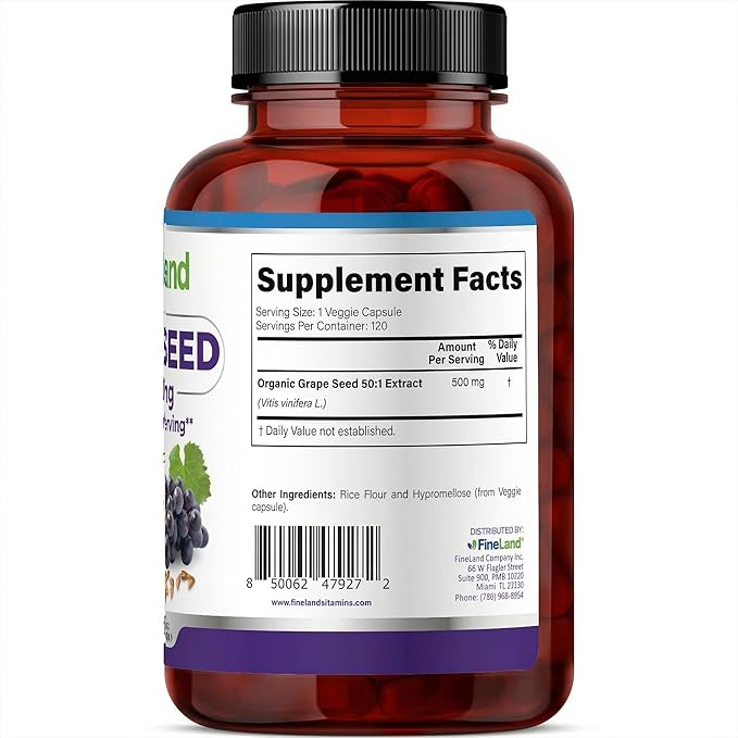 FineLand Organic Grape Seed Extract Rich in Antioxidants - Heart Immune &amp Circulation Support – 120 Vegan Capsules Non-GMO - Made in USA