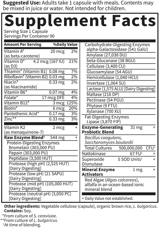 Garden of Life 22 Powerful Raw Enzymes for Women with Papain Bromelain Lactase plus Probiotics and Vitamins B12 Biotin and Zinc Dietary Supplement with Digestive Enzymes Vegetarian 90 Capsules