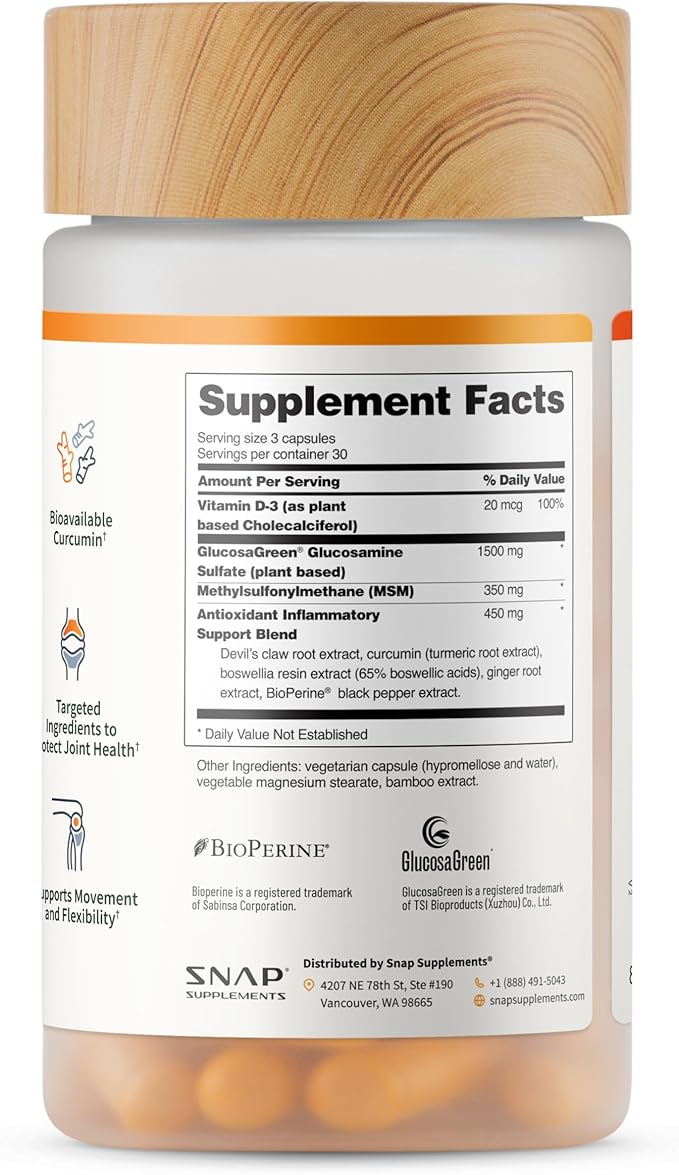 Snap Supplements Joint Health Support Supplement Plant Based Glucosamine &amp MSM Supplement Joint Supplement to Support Movement Flexibility and Strength Joint Support Supplement 90 Capsules