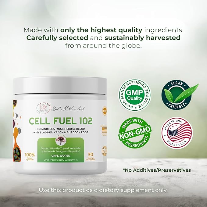 Red's Kitchen Sink Cell Fuel 102 – Organic Sea Moss Powder with Bladderwrack &amp Burdock Root | Dr. Sebi Inspired Herbal Blend | Vegan Natural 30 Servings (7oz)