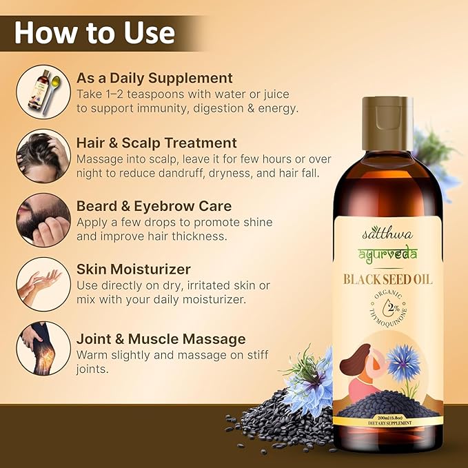 Organic Black Seed Oil – Edible - Cold-Pressed 100% Pure Nigella Sativa Oil High TQ Nutrient-Rich for Immune Hair &amp Skin Support - Satth_wa 200ml
