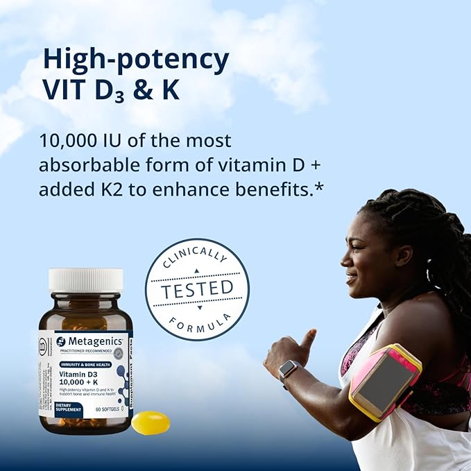 Metagenics Vitamin D3 + K - for Artery Health Immune Support Bone &amp Heart Health* - Vitamin D with MK-7 (Vitamin K2) - Non-GMO - Gluten-Free - 60 Softgels - 10000 IU