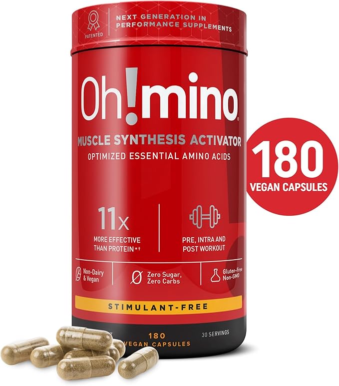 Oh!mino Essential Amino Acids Supplement Stimulant-Free Capsules All 9 EAAs BCAAs The Perfect Amino for Workouts Amino Energy and to Build Muscle and Recover Faster