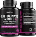 SPARTIS Nattokinase Supplement 4000 FU CoQ10 100mg French Maritime Pine Bark Extract 200mg with Enzymes for Circulatory &amp Cardiovascular Support (Pack of 1 at 120-Caps)