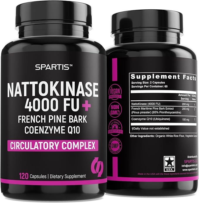 SPARTIS Nattokinase Supplement 4000 FU CoQ10 100mg French Maritime Pine Bark Extract 200mg with Enzymes for Circulatory &amp Cardiovascular Support (Pack of 1 at 120-Caps)