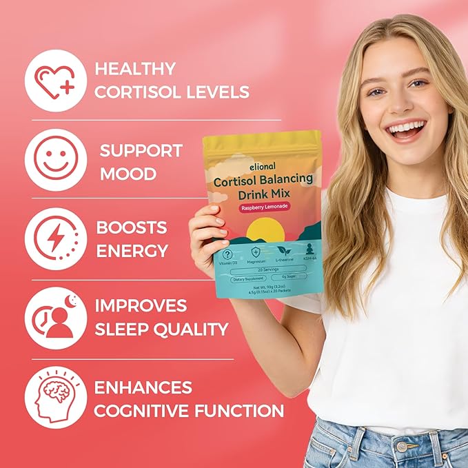 Cortisol Drink Mix with L Theanine Ashwagandha Magnesium &amp Vitamin D3– Helps Mental Clarity No Sugar Non GMO Raspberry Lemonade Flavor20 Packets