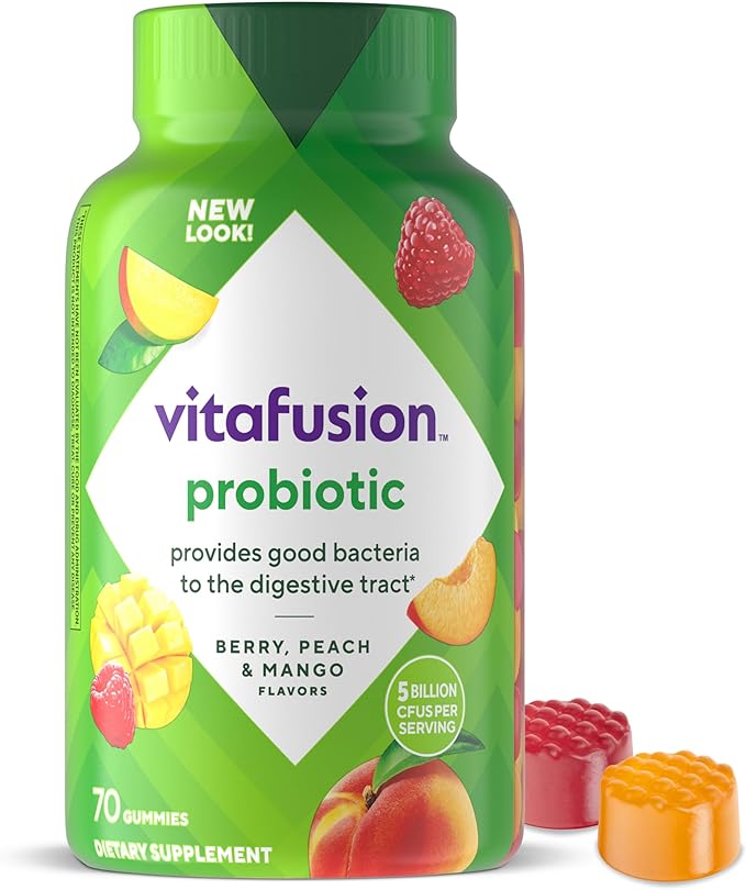 vitafusion Probiotic Gummy Supplements Raspberry Peach and Mango Flavors Probiotic Nutritional Supplements With 5 Billion CFUs 35 Day Supply 70 Count