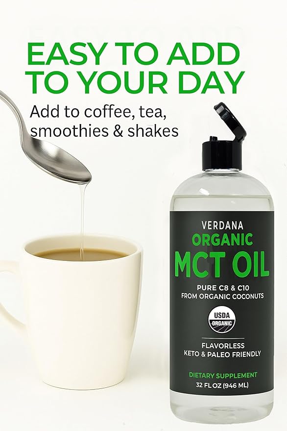 Verdana Organic MCT Oil 32 fl oz – Pure C8 &amp C10 from Organic Coconuts Flavorless MCT Oil for Coffee &amp Smoothies Keto &amp Paleo Friendly Non-GMO Kosher Dietary Supplement