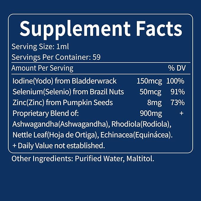 Thyroid Support Drops - Liquid Iodine Supplement Gotas de YODO y Selenio para Tiroides Con Rodiola Semenovii y Ortiga Fight Brain Fog w/Ashwagandha &amp Rhodiola Extract Tincture.2 oz