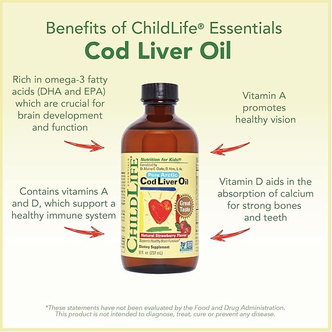 CHILDLIFE ESSENTIALS Cod Liver Oil for Kids - Kids Arctic Cod Liver Oil Liquid for Babies 6+ Months &amp Toddlers Added DHA EPA Omega-3 Fatty Acids - Strawberry 8 fl oz