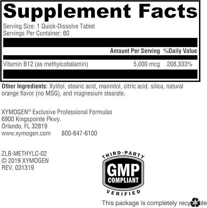 XYMOGEN Methylcobalamin - 5 mg Vitamin B12 - Supports Healthy Methylation Neurological Health &amp Red Blood Cell Formation - Non-GMO &amp Gluten Free - 60 Quick-Disssolve Tablets