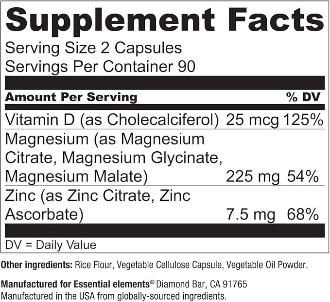 Essential Elements Magnesium Plus Zinc with Vitamin D3 | Scientifically Formulated Heart Bone &amp Muscle Support | 225mg Triple-Strength Magnesium Complex with Glycinate Malate Citrate | 180 Coun