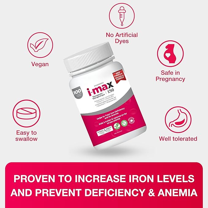 Pharmaris i-max Iron Supplement 150 mg Vitamin C 250 mg &amp B12 1000 mcg Iron Supplement Treatment for Women &amp Men Once Daily 100 Capsules