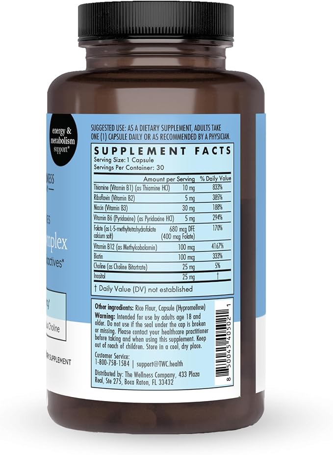 The Wellness Company Vitamin B Complex – Muscle Recovery Focus &amp Resilience Broad-Spectrium Methylated B Vitamins | 30ct (1 Month Supply)