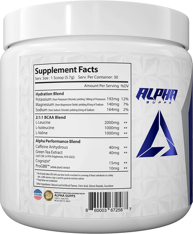 Alpha Supps Amino NRG+ BCAA Amino Energy Recovery Powder - Hydration Blend with Electrolytes - Focus Blend for Optimal Performance Support in Men &amp Women (30 Servings Juicy Grape)