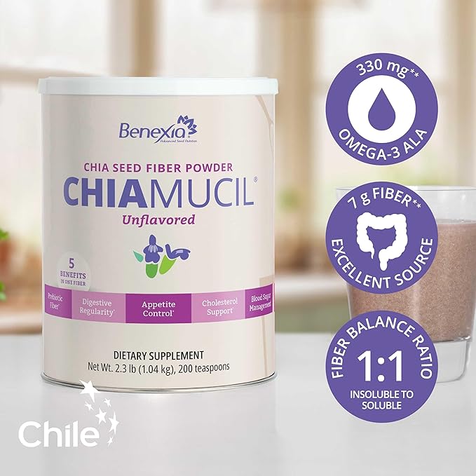 Chiamucil Prebiotic Chia Fiber Supplement Powder – For Appetite Control &amp Digestive Health – Chia Fiber &amp Chicory Root (Inulin) – Gluten &amp Sugar Free Vegan Non-GMO Unflavored - 100 serv
