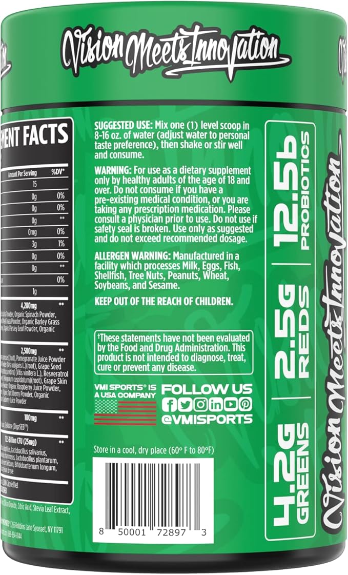 VMI Sports Greens + Reds Advanced Superfood Immunity and Gut Health | Enzymes &amp Probiotics | 30 Servings (Strawberry Kiwi)