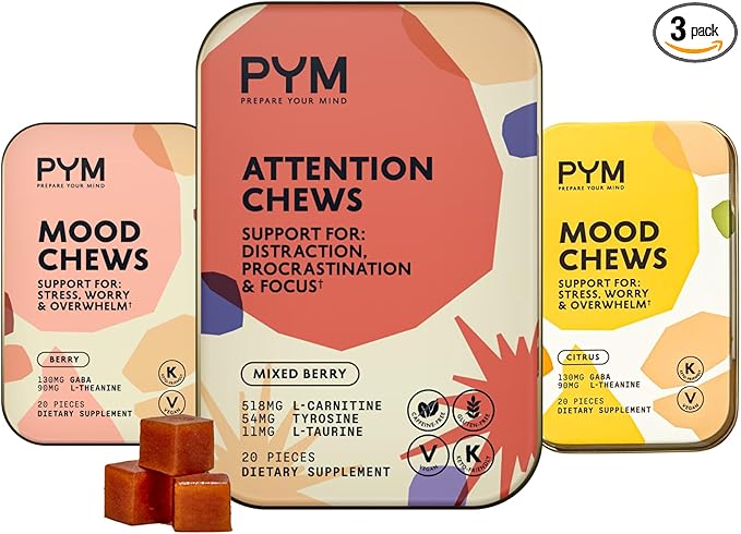 PYM Mood &amp Focus Chews Variety Pack 60 Count | Berry &amp Citrus Mood Chews + Attention Chews | GABA L-Theanine L-Carnitine | Vegan Non-GMO Caffeine-Free