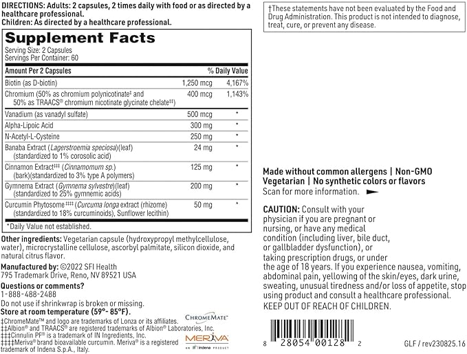 Klaire Labs SFI Health GlucoThera Forte - Chromium Complex with 250 mg ALA Turmeric &amp Cinnamon Dairy-Free (120 Capsules)
