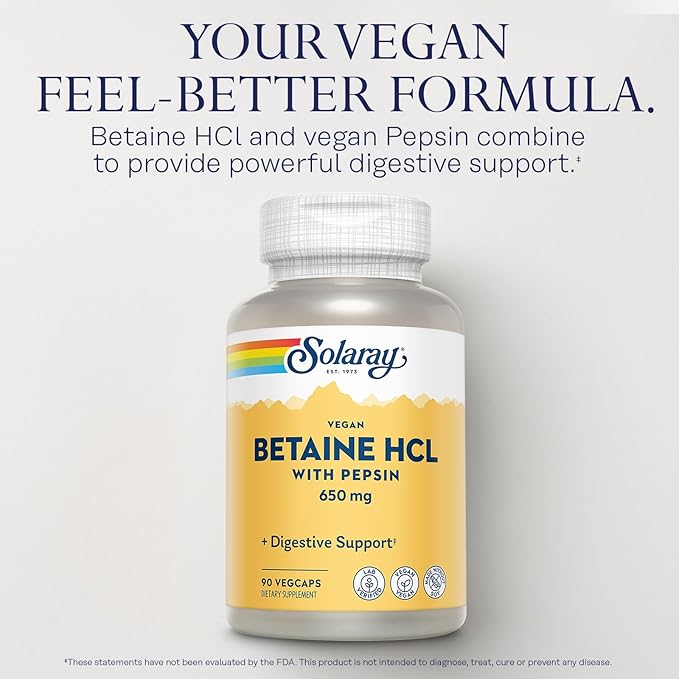 SOLARAY Liver Blend SP-13 and Vegan Betaine HCl with Pepsin - Wellness and Digestive Enzymes Bundle - Herbal Support w/Milk Thistle Dandelion - Betaine Hydrochloride for Gut Health 100/90 VegCaps