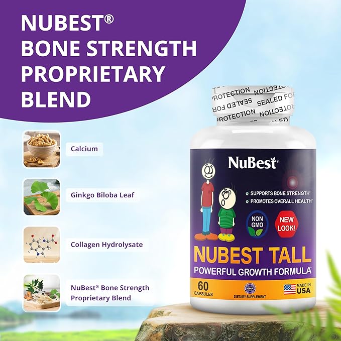 NuBest Tall | Support Bone Strength Bone Health Enhanced Immune and Whole Body Wellness with Calcium Collagen and Herbs for Ages 5+ &amp Teens | 60 Capsules