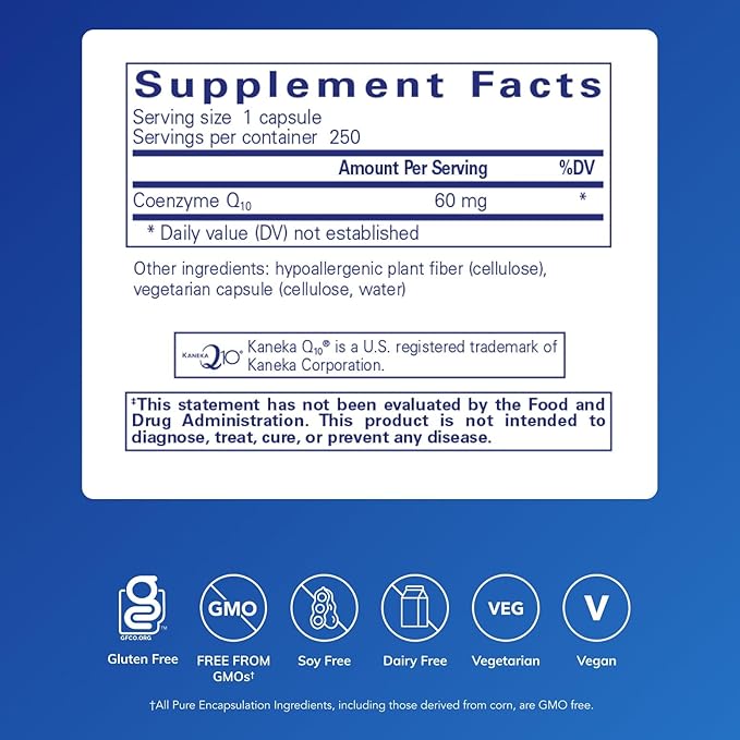 Pure Encapsulations CoQ10 60 mg | Coenzyme Q10 Supplement for Energy Antioxidants Brain and Cellular Health Cognition and Cardiovascular Support* | 250 Capsules