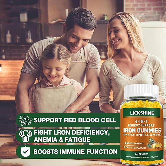 lickshine 2 Pack Vegan 100MG Iron Supplement Gummies for Women &amp Men - with Vitamin C A B for Adults &amp Kids - Energy Support for Iron Deficiency Anemia - Pineapple Flavor (120 Ct)
