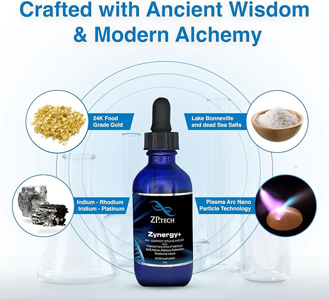 Zynergy Plus Colloidal Gold Liquid | All Natural Pure Monoatomic 24k Food Grade Mineral Au &amp Indium | Ormus Gold Oil Supports Pineal Gland Anti-Aging Meditation Yoga Third Eye