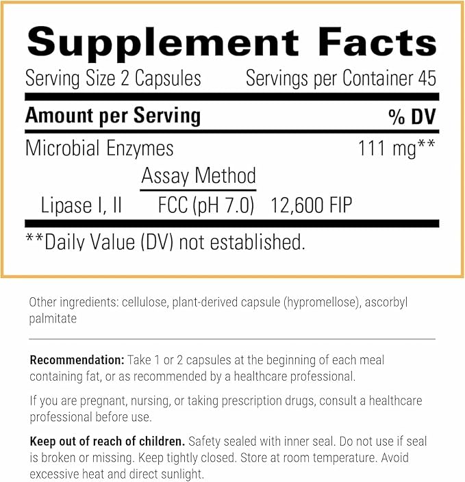 Integrative Therapeutics Lipase Concentrate-HP - Digestive Enzyme Supplement for the Digestion of Fats* - Nutrient Absorption &amp GI Tract Health Support* - Dairy-Free &amp Vegan - 90 Count (45 Ser
