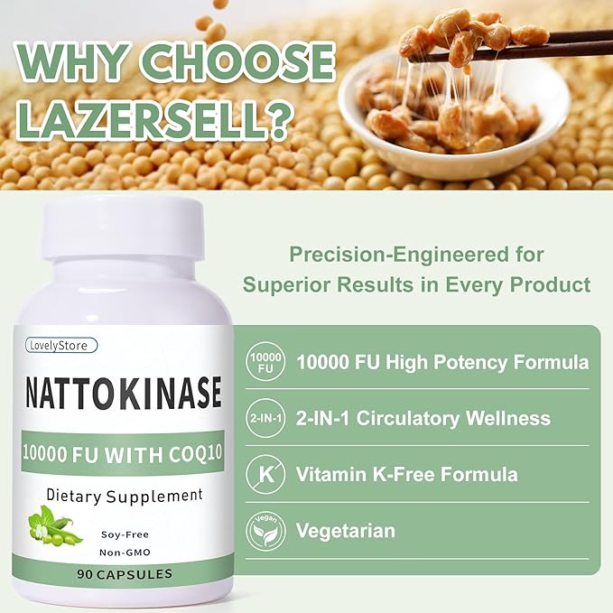 Nattokinase 10000 FU with CoQ10 100mg Vitamin K2 Free 90 Capsules - Premium Support for Heart Brain &amp Circulatory Health Cardiovascular System &amp Energy Supplement
